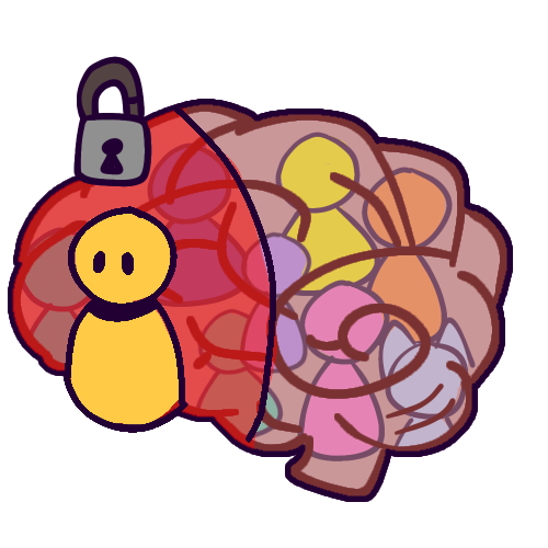 Drawing of a brain with several people inside, representing a system. A yellow person with two dot eyes and no discernible expression is at the front of the brain, with a red barrier separating them from the rest of the brain. There is a locked padlock above them.